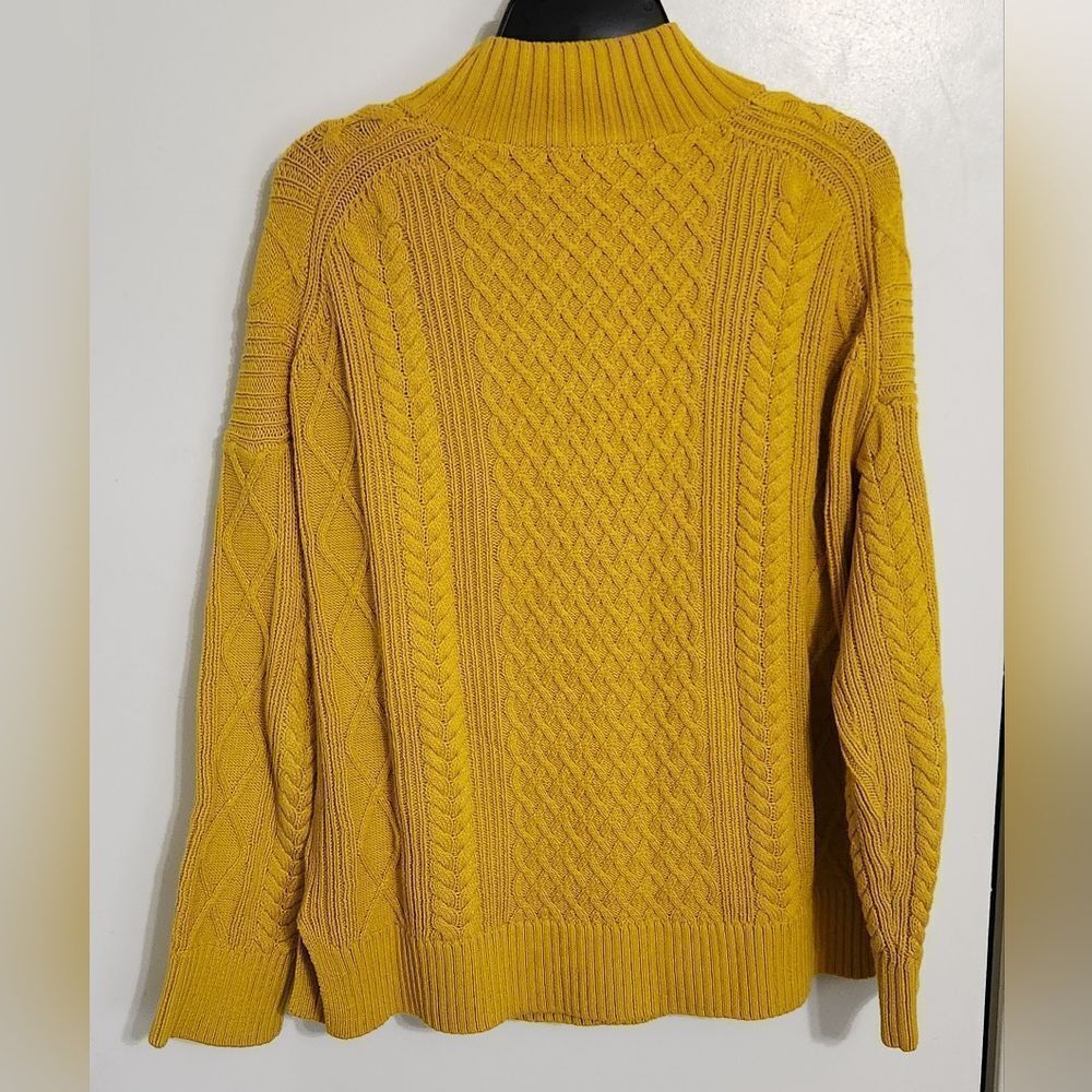 J. Crew Long Cotton Cable-Knit Mockneck Sweater in Mustard BD709 Sz M - Picture 4 of 9